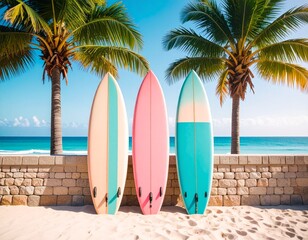 여름날 해변 야자수와 그 사이에 파스텔 톤의 서핑보드 Summer day beach palm trees and pastel colored surfboards between them
