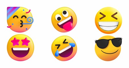 A collection of cheerful 3D rendered emoji faces expressing various emotions: party, joy, laughter, stars, and cool. 
