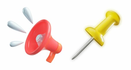 3D rendered red and orange megaphone with sound waves, and a yellow pushpin.