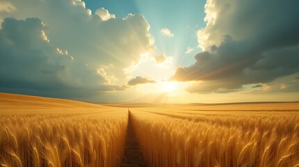 a golden wheat field stretching to the horizon under a dramatic cloudy sky, sun rays breaking through the clouds, motion blur on swaying stalks 