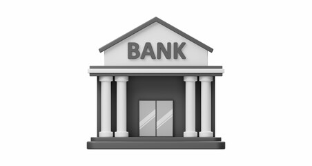 3D rendered bank building in gray and white with columns.