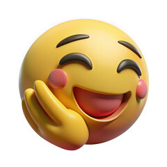 Happy 3d emoji character smiling with hand on cheek