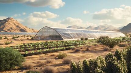 A high-tech greenhouse in the middle of a desert, showing advanced sustainable farming techniques ,