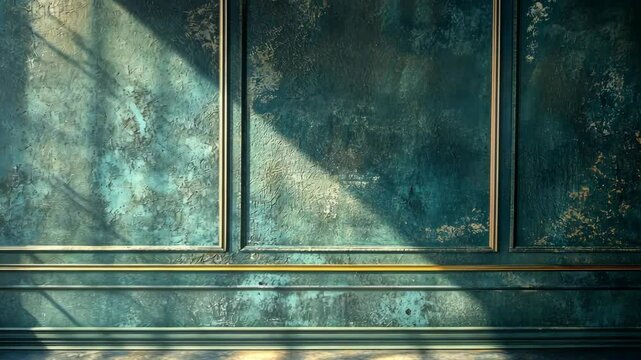 Sunlit teal wall with ornate molding, textured surface