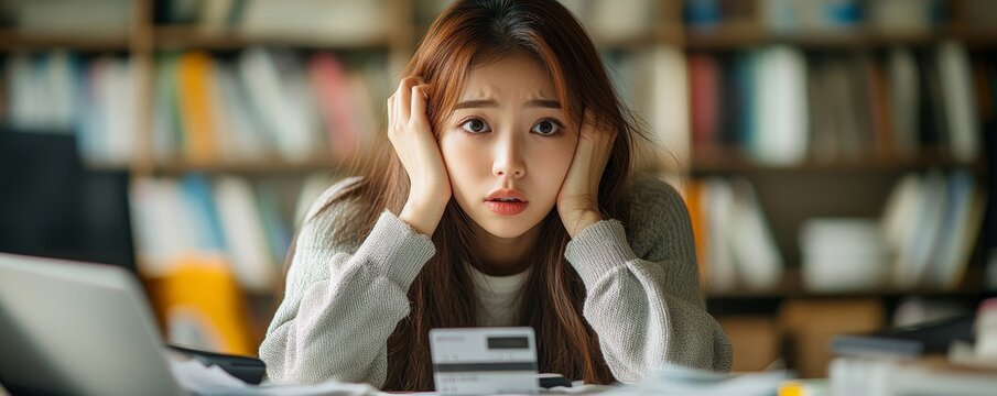 Financial stress: An Asian woman sitting with a credit card, feeling overwhelmed by the pressure of managing expenses and outstanding bills, including a mortgage or loan., Generative AI