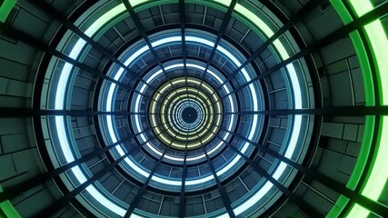 Abstract tunnel with glowing rings, futuristic technology, blue and green light. - Powered by Adobe