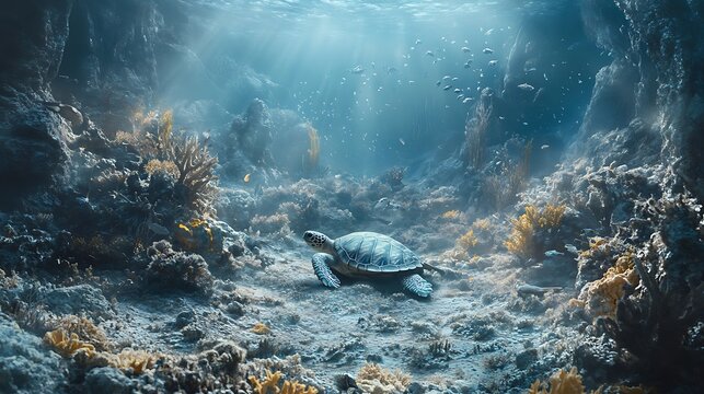 Tropical underwater life with turtle and reef fish high resolution picture