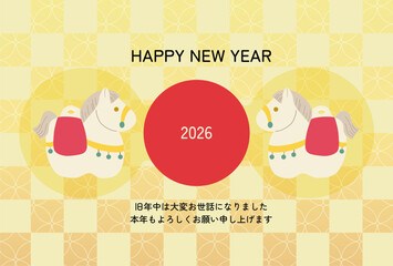 馬の土鈴と和柄背景の2026年賀状テンプレート