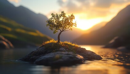 Small tree on a rock islet in a lake at sunset