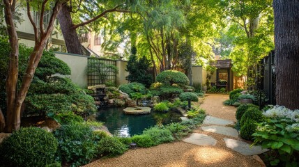 Fototapeta premium Garden view with balanced landscaping, curved gravel path, and small pond.