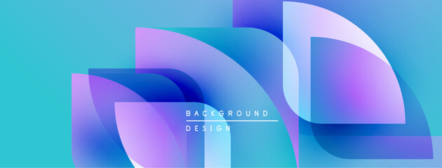 Abstract background features overlapping shapes, vibrant blue, purple hues. Modern design elements create dynamic visual effect.