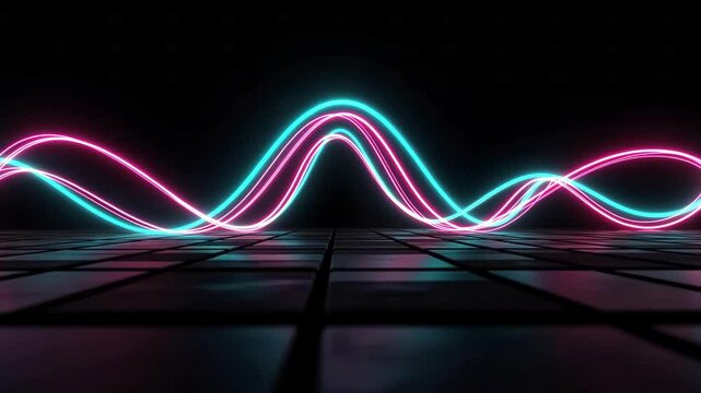 Abstract blue and pink neon wave over a dark tiled floor, technology and futuristic concept.