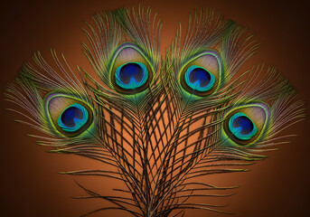 Obraz premium Four vibrant peacock feathers arranged on a brown background, showcasing their iridescent colors and intricate details