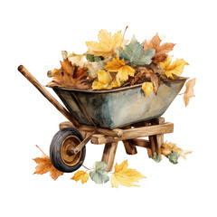 Autumnal Watercolor Painting of a Wheelbarrow Filled with Colorful Fall Leaves a Rustic Garden Scene, transparent background