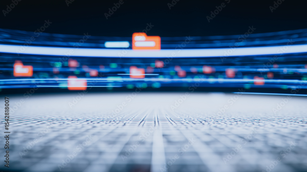 Poster data stream visualization: digital stream background with glowing, blurred data packets conveys conn