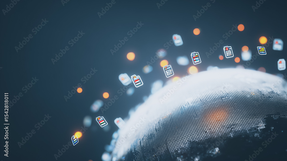 Poster global data: illustrative image capturing a data transfer with files and a glowing sphere of data.