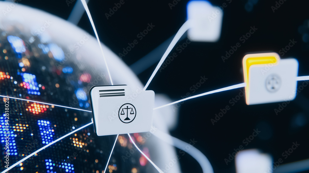 Poster digital justice: a conceptual representation of interconnected digital files, symbolizing the comple