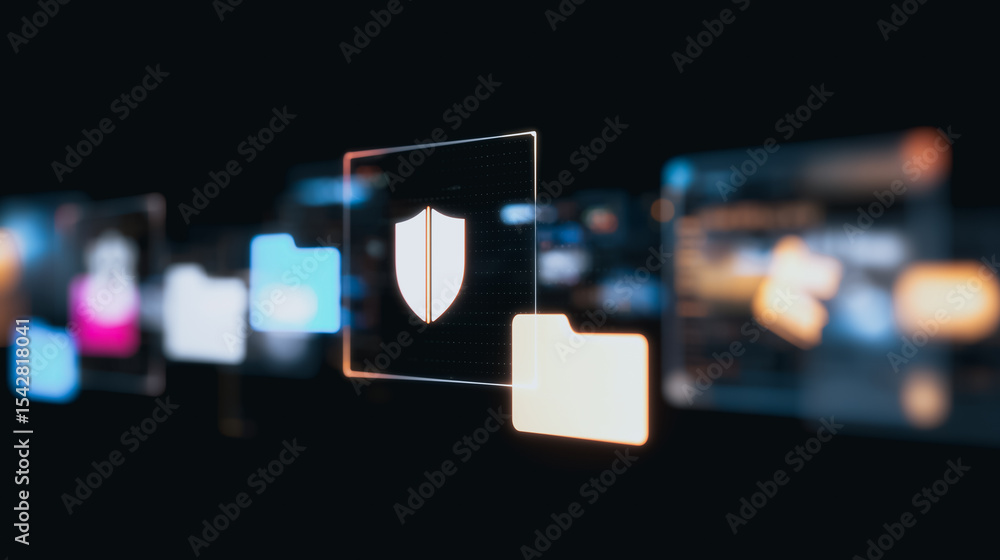 Poster data security shield: a futuristic digital interface showcases a protective shield icon hovering ove