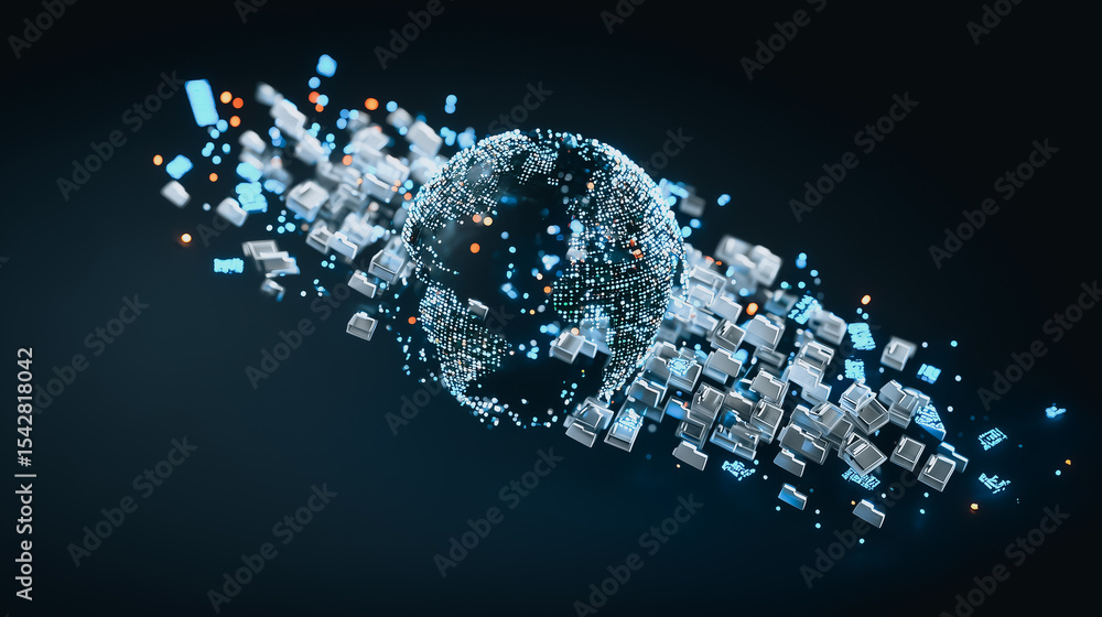 Poster global network: an artistic and dynamic illustration of a world map, composed of interconnected cube