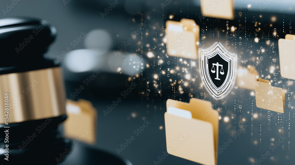 Poster digital law & security: a symbolic image of legal files and digital security, featuring a judge's ga