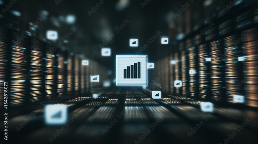 Aufkleber data center growth: a futuristic digital illustration depicting a server room with a rising bar grap