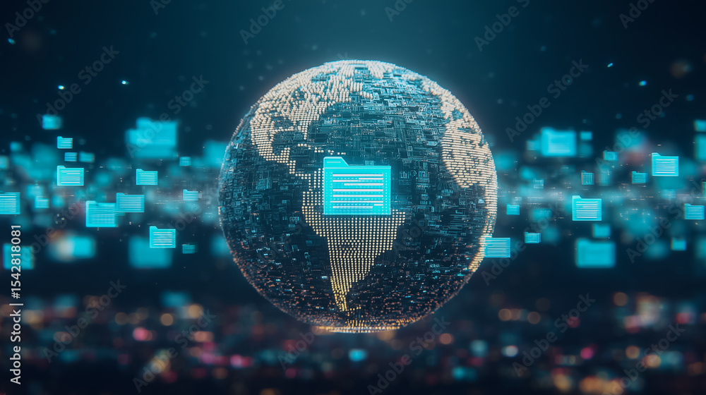 Poster global data network: an intricate digital representation of planet earth, highlighting a central dat