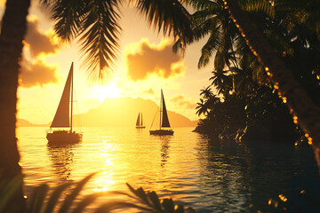 Sailboats at sea during golden hour framed by palm trees and foliage