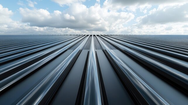 Metal tubes extending across a vast, flat landscape under a cloudy sky.