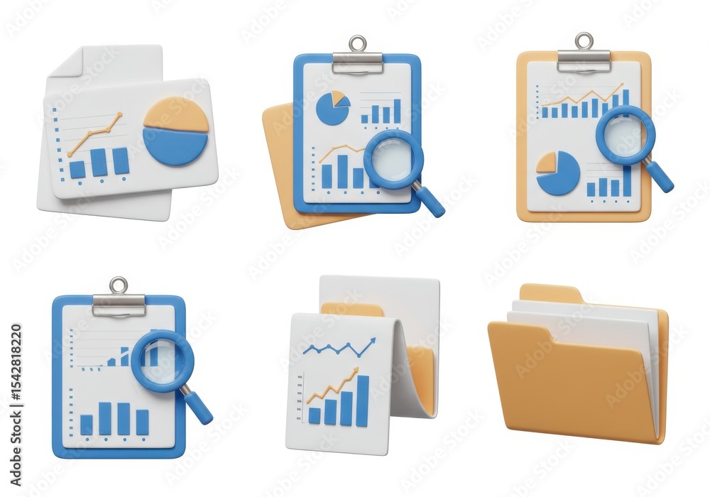 Aufkleber visualization of data analysis and management with charts and magnifying glass