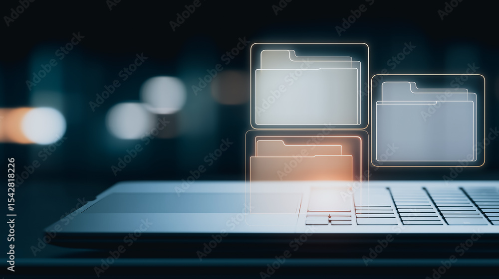 Poster data management interface: a sleek laptop keyboard with glowing digital file folder hovering above, 