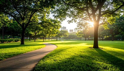 Fototapeta premium Peaceful city park landscape featuring lush green grass, tall trees, and a winding path in sunlight.