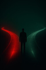 Silhouette stands at a crossroads: path of red (risk) vs. green (safety). A symbol of choices, uncertainty, and pivotal life decisions.