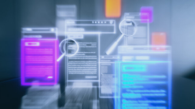 Digital Interface Examination: A visual representation of digital data with magnifying glass examining content in glowing boxes.