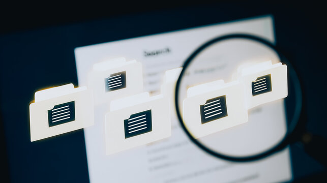 Examining Digital Documents: A magnifying glass meticulously examines a collection of virtual folders, symbolizing data analysis, research, and the meticulous scrutiny of digital documentation.