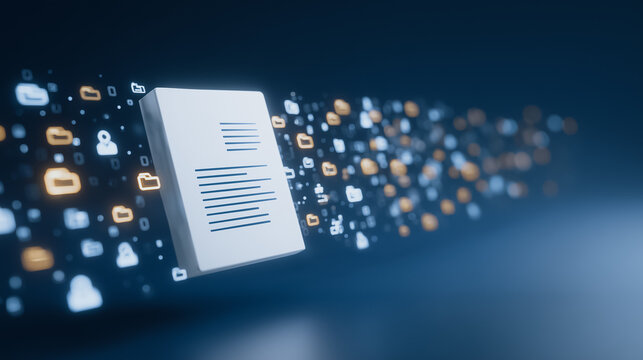 Digital Document Flow: A conceptual representation of a digital document traversing through a network, symbolizing data transfer and information exchange.