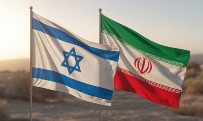 National flags waving in desert sunset international relations symbol