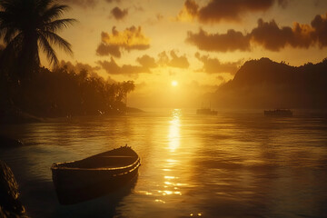 A boat on the water at sunset with palm trees and a mountain in the distance