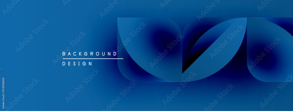Poster Abstract blue design features flowing shapes, gradients. Modern banner or header with text elements present. Simple, clean aesthetic.