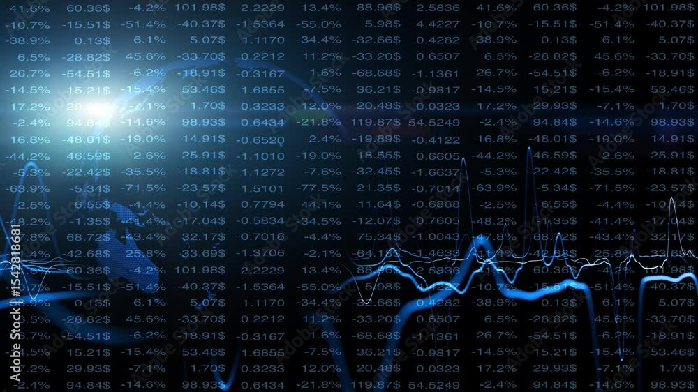 Poster 3d business earth globe with wavy lines and spreadsheet data motion background.