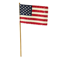 A vintage American flag with a worn, distressed texture on a wooden stick against a white background.