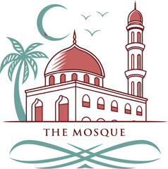 Minimalist Red Mosque Logo with Dome and Crescent for Islamic Branding