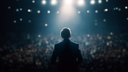 Fototapeta premium A presenter commands the stage, exuding confidence and expertise in a corporate setting.