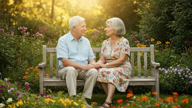 Elderly couple sitting on a park bench, holding hands, surrounded by vibrant flowers