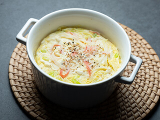 Crab meat and egg custard in a pot