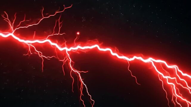 Vibrant red lightning strikes on a dark night sky background, abstract energy illustration.