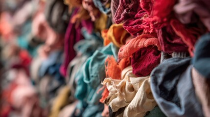 Close-up of tangled used clothes in mixed fabrics, high detail texture, representing overproduction in fashion industry and call for sustainable practices