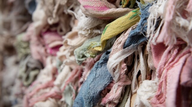 Close-up of tangled used clothes in mixed fabrics, high detail texture, representing overproduction in fashion industry and call for sustainable practices
