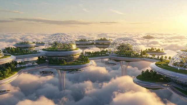 Futuristic floating city above clouds at sunset, serene view