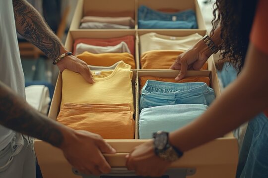 People packing clothes into a suitcase for a vacation trip, organizing their outfits in preparation for travel., Generative AI