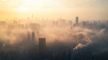 A large city skyline covered in smog caused by burning household waste, air pollution crisis,